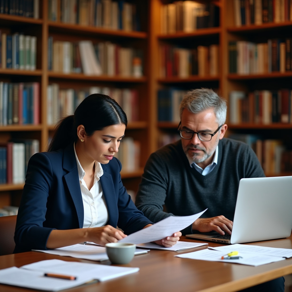 Professionals studying real estate financing materials in a university library setting