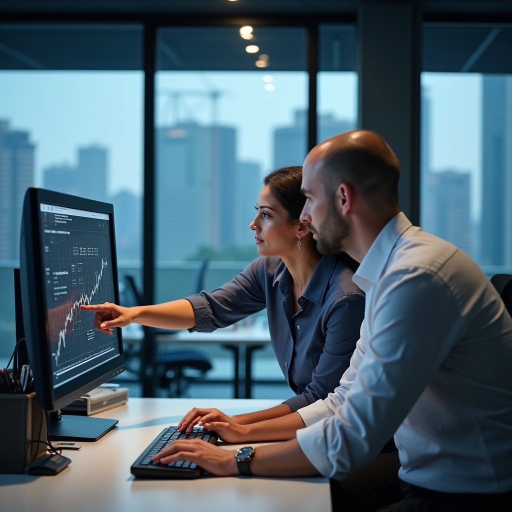 Finance professionals analyzing data charts and reports in a contemporary office with city views