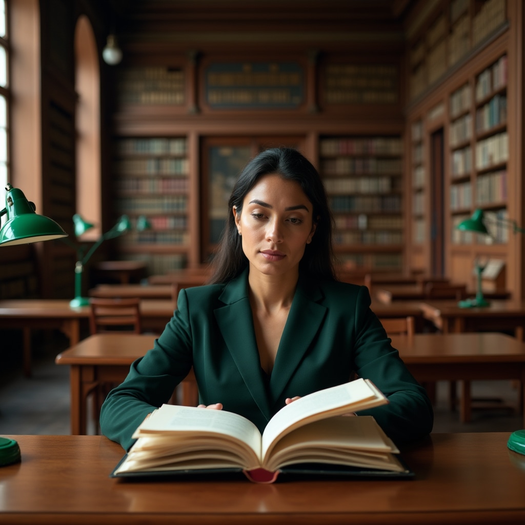 Researcher examining financial documents in a well-lit academic library with extensive bookshelves