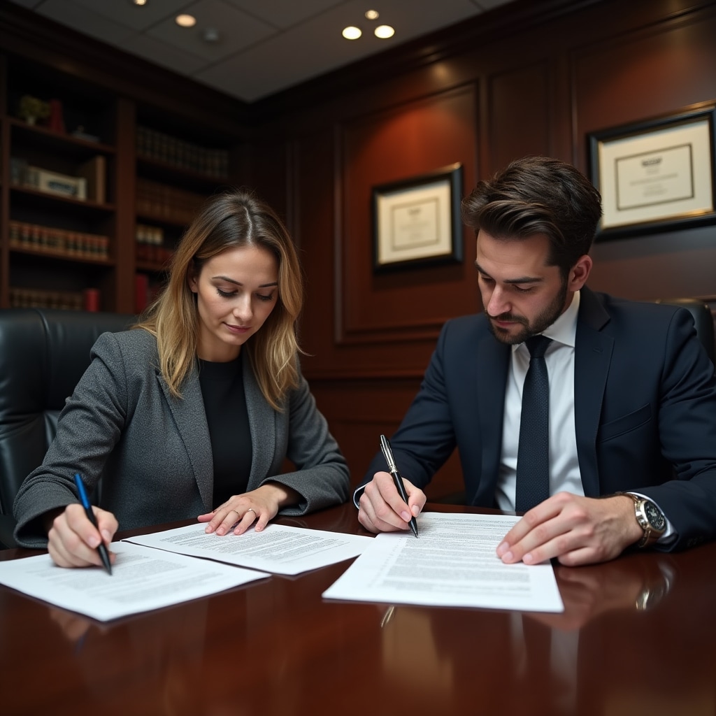 Legal professionals examining contracts and regulatory documents in a formal office environment