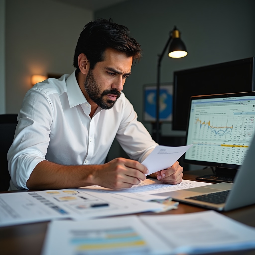 Financial professional examining default documentation and recovery analysis documents at a desk