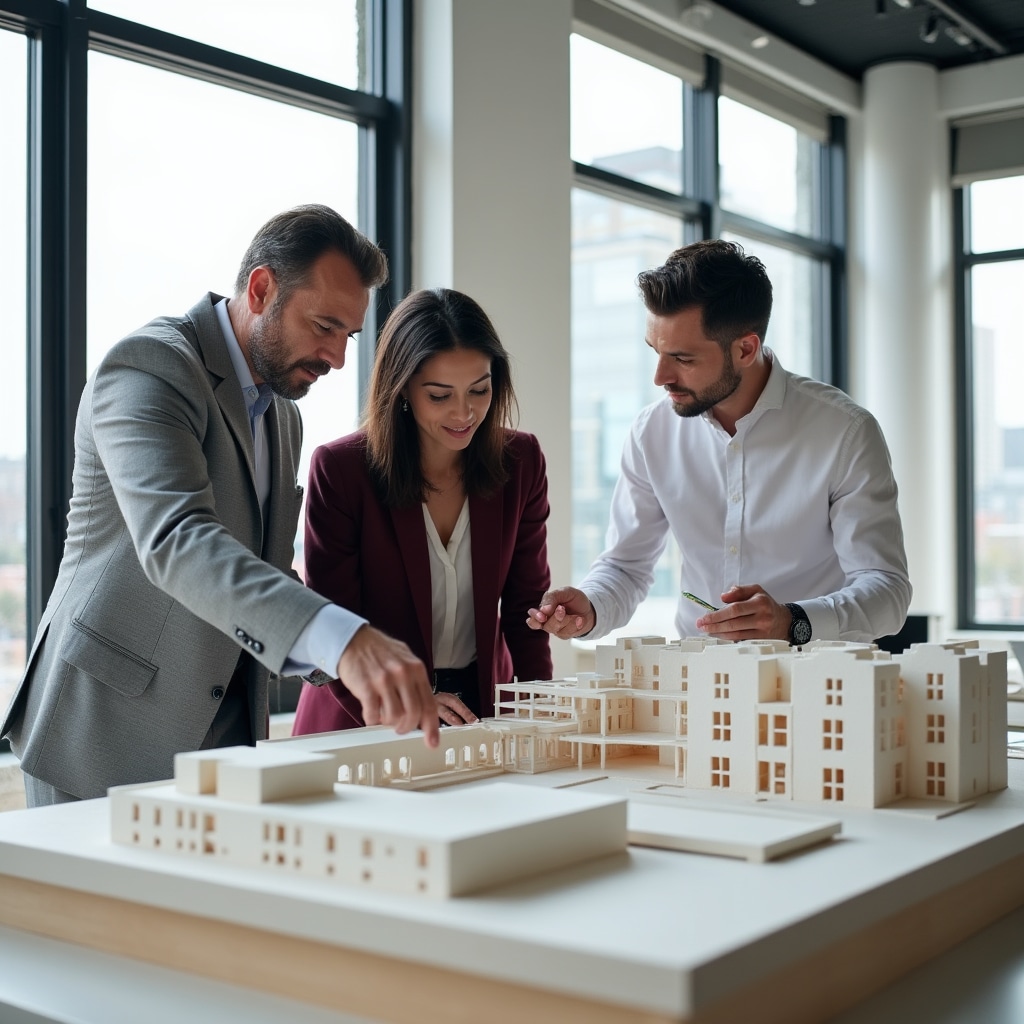 Real estate development team reviewing project documents in a modern office setting